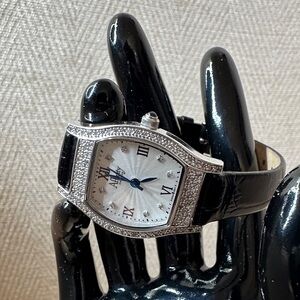 Elegant Black and Silver Affinity Leather Diamond Women's Watch.